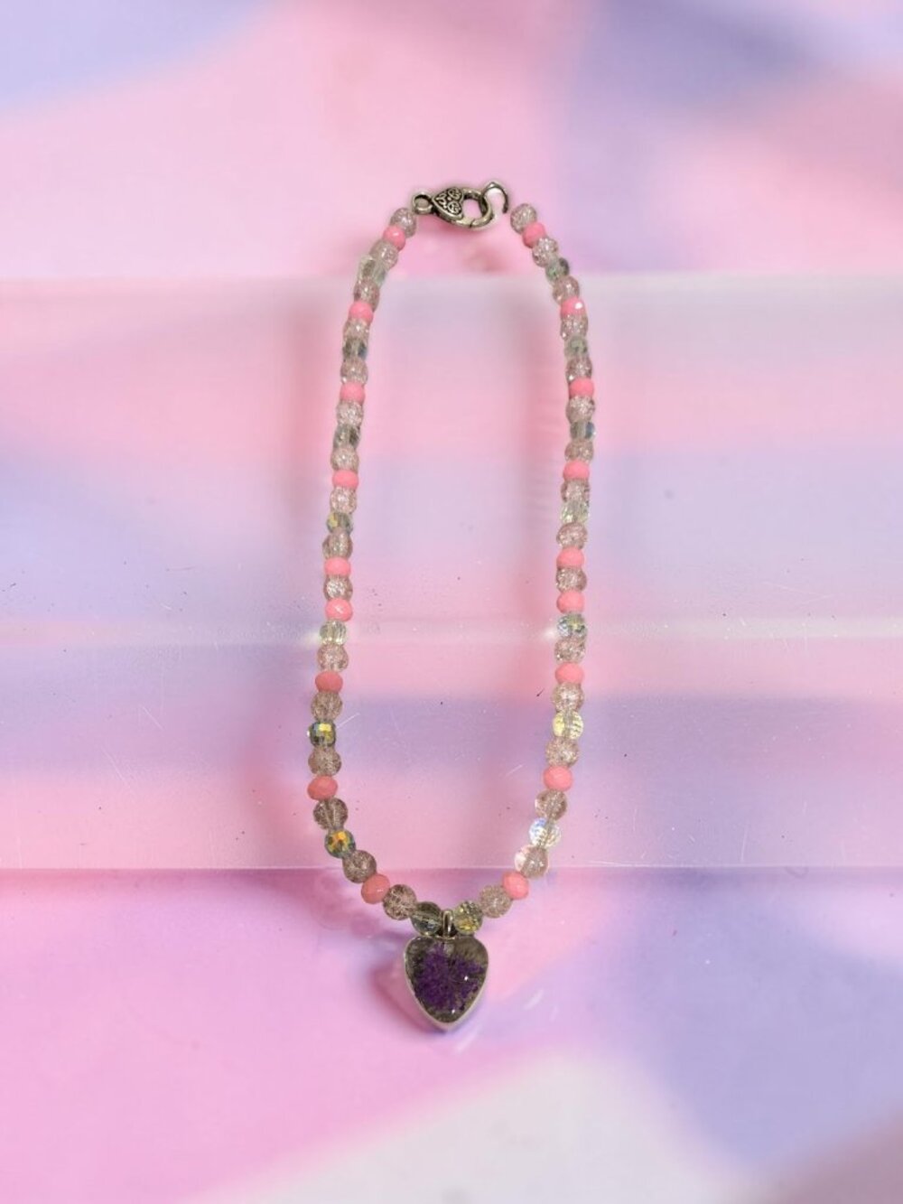 Purple dried flower pendant pink n crystal Necklace~ 19 inches long